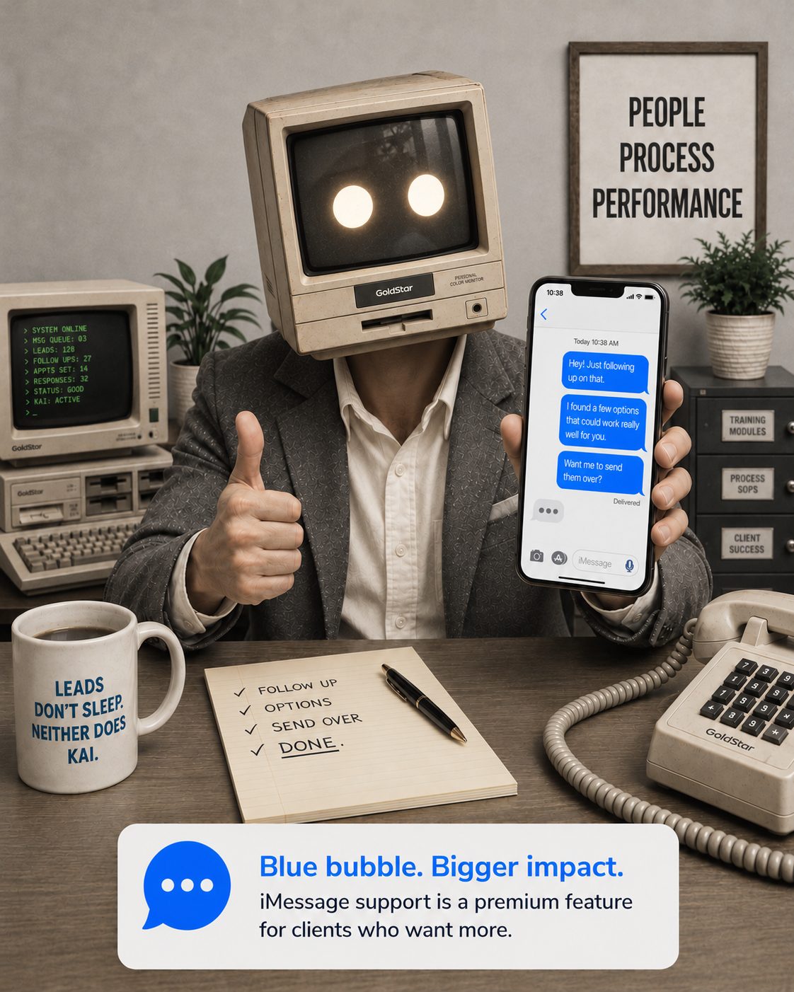 Kai holding an iPhone showing a blue-bubble thread